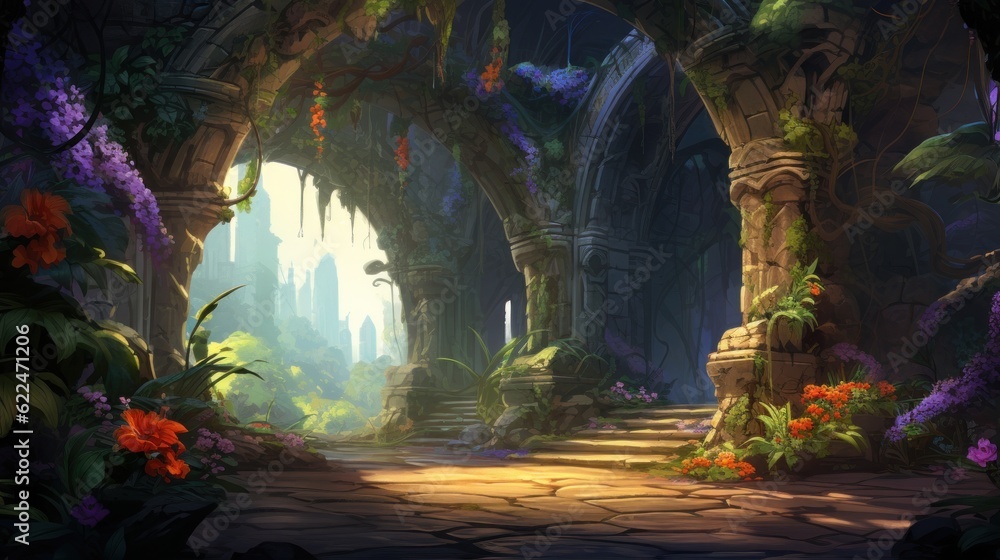 Fototapeta premium Illustrate a series of intricate archways adorned with colorful flowers and foliage, leading deeper into the beauty cave game art