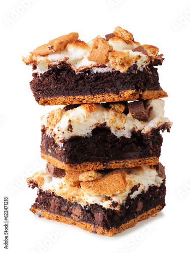 Stack of smores brownie dessert bars isolated on a white background photo