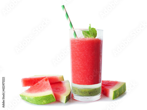 Refreshing layered summer watermelon drink. Side view with slices isolated on a white background.