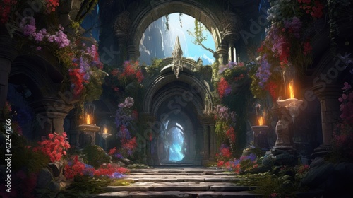 Illustrate a series of intricate archways adorned with colorful flowers and foliage, leading deeper into the beauty cave game art