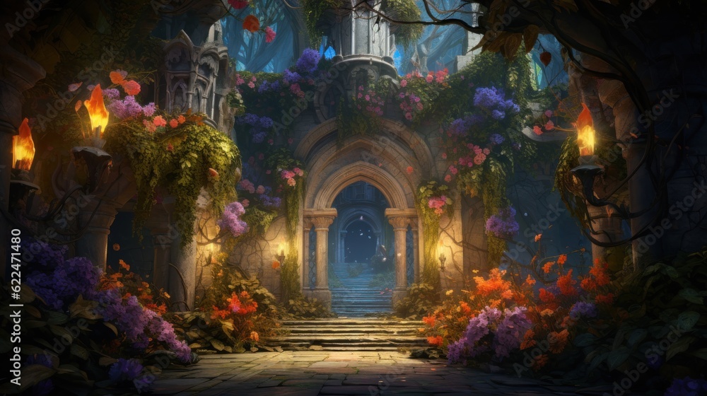 Illustrate a series of intricate archways adorned with colorful flowers and foliage, leading deeper into the beauty cave game art Illustrate a series of intricate archways adorned with colorful flowers and foliage, leading deeper into the beauty cave game art