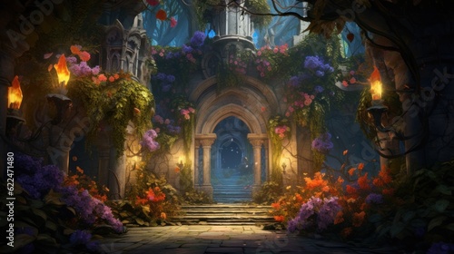 Obraz na płótnie Illustrate a series of intricate archways adorned with colorful flowers and foli