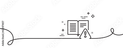Instruction manual line icon. Continuous one line with curl. Warning book sign. Caution alert symbol. Instruction manual single outline ribbon. Loop curve pattern. Vector