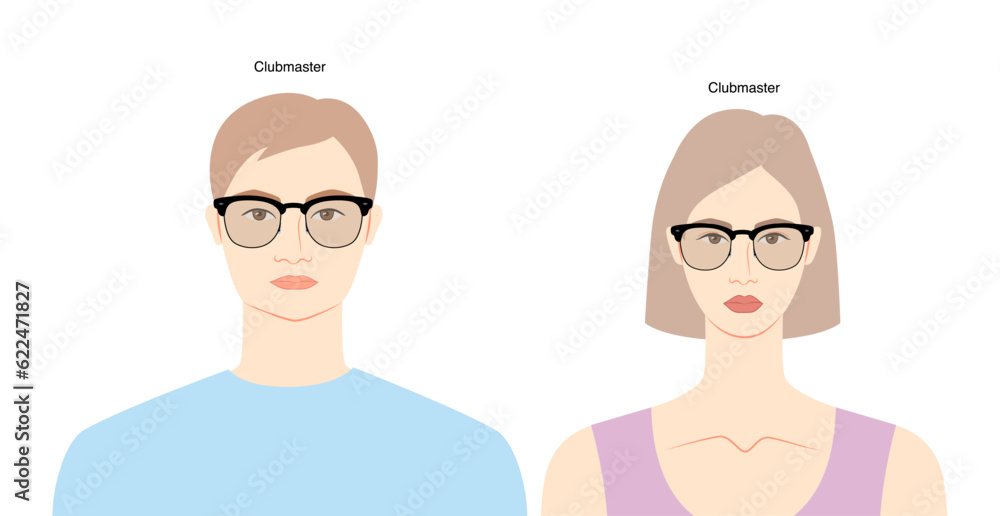 Clubmaster frame glasses on women and men flat character fashion accessory illustration. Sunglass front view unisex silhouette style, rim spectacles eyeglasses, sketch style outline isolated on white Clubmaster frame glasses on women and men flat character fashion accessory illustration. Sunglass front view unisex silhouette style, rim spectacles eyeglasses, sketch style outline isolated on white