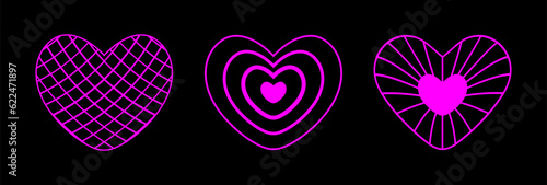 Neon pink wireframe heart shapes set on black background. Futuristic cyberpunk outline figures. Y2K retro style. Vector design elements. Love or cardiology concept
