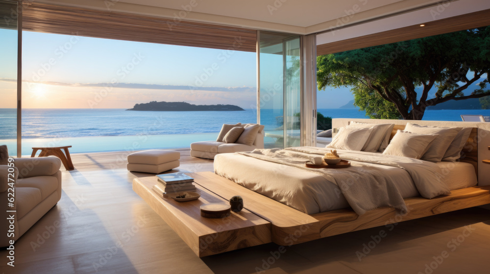 a bedroom with a bed and duvets on top of a luxury villa located directly on the beach. Generative AI