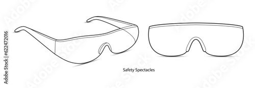 Safety Spectacles frame glasses fashion accessory illustration. Sunglass front and 3-4 view for Men, women, unisex silhouette style, flat rim spectacles eyeglasses with lens sketch outline isolated