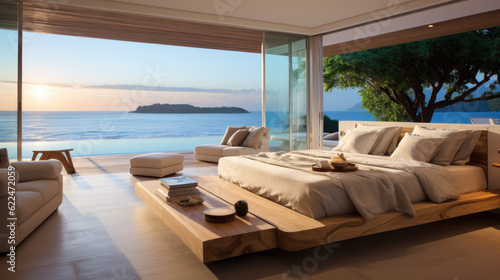 a bedroom with a bed and duvets on top of a luxury villa located directly on the beach. Generative AI © jr-art