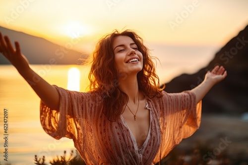Canvas Print Backlit Portrait of calm happy smiling free woman with open arms and closed eyes
