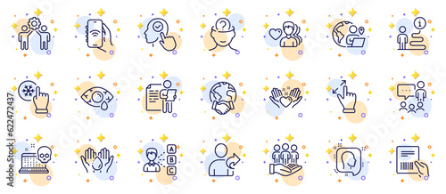 Outline set of Psychology, People chatting and Job interview line icons for web app. Include Parcel invoice, Refer friend, Internet app pictogram icons. Wash hands, Select user. Vector