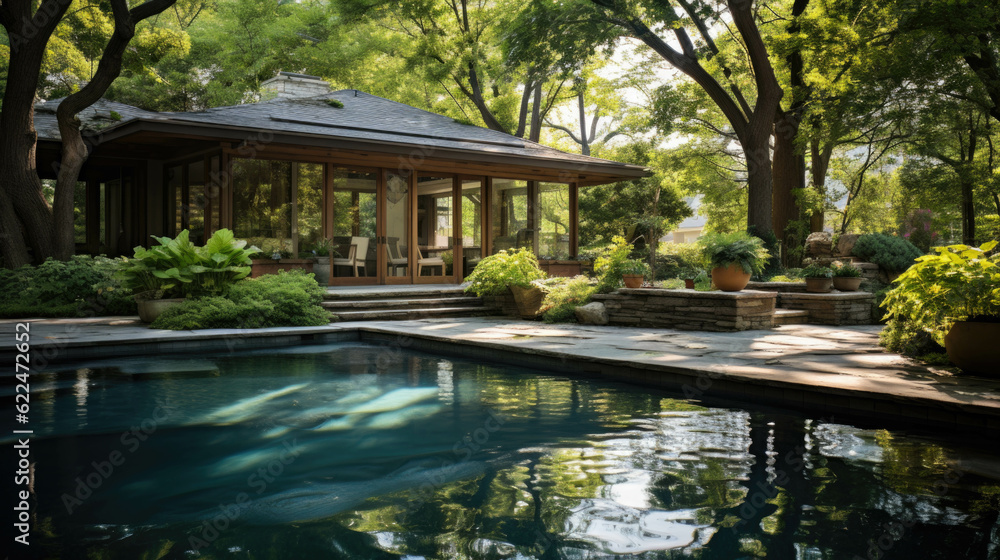 a luxury garden with a pool in the middle of the jungle forest. Generative AI a luxury garden with a pool in the middle of the jungle forest. Generative AI