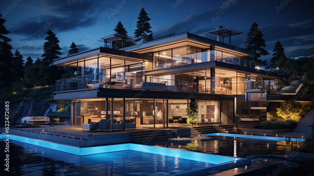 modern expensive luxury villa with a pool in front at dusk night. Generative AI