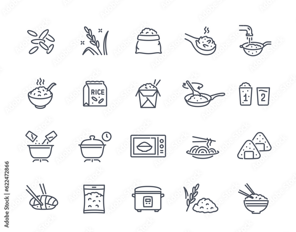 Cooking rice icons set. Japanese and Chinese cuisine and food. Boiling