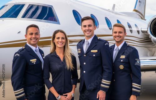 Papier peint Private plane staff pilots and hostess posing in front of private plane and smiling