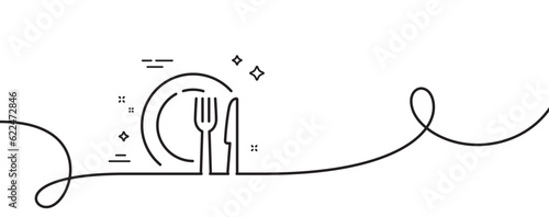 Dish line icon. Continuous one line with curl. Tableware food plate sign. Kitchenware fork and knife symbol. Dish single outline ribbon. Loop curve pattern. Vector