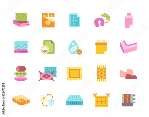 Sleep fabric icon set. Stickers with pillows and pillowcases, blankets and carpets, mattresses and sheets. Bathrobes and towels for hotels. Cartoon flat vector collection isolated on white background