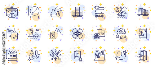 Outline set of Windmill, Lighthouse and Framework line icons for web app. Include Stairs, Warning message, Buildings pictogram icons. University campus, House dimension, Engineering team signs. Vector