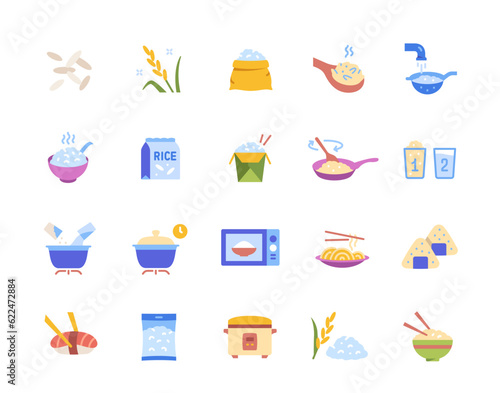 Cooking rice icons set. Chinese and Japanese cuisine, noodles and sushi. Boiling and frying rice in pot and pan, slow cooker and microwave. Cartoon flat vector collection isolated on white background