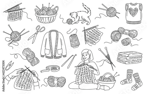 Knitting Crochet set. Character handmade sweater and clothes with yarn and threads, next to cat playing with wool yarn ball in doodle style. Linear flat vector collection isolated on white background