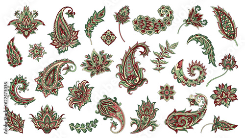 Traditional Indian paisley set. Oriental cultural ornament in form of drops and floral elements. Ethnic symbols for textiles and fabrics. Cartoon flat vector collection isolated on white background