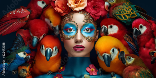 A beautiful woman is surrounded by colored flowers and parrots, in the style of surreal fashion photography. woman with colorful makeup and parrots, birds by her side. digital ai 