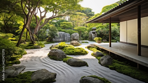 Zen garden with carefully manicured rocks  a meditative pathway  and lush greenery. This serene space provides a peaceful retreat for reflection and relaxation