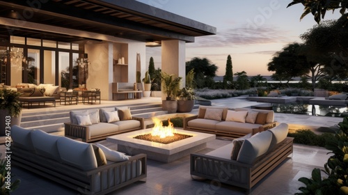 Stylish outdoor lounge area with comfortable seating, a fire pit, and a built - in bar, providing an inviting space for socializing and enjoying the Mediterranean evenings