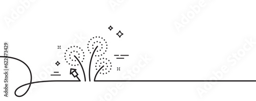 Fireworks line icon. Continuous one line with curl. Pyrotechnic salute sign. Carnival celebration lights symbol. Fireworks single outline ribbon. Loop curve pattern. Vector