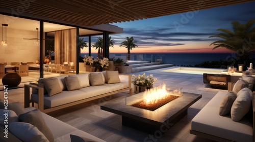 Stylish outdoor lounge area with comfortable seating, a fire pit, and a built - in bar, providing an inviting space for socializing and enjoying the Mediterranean evenings