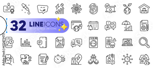 Outline set of Ship, Charging station and Diagram graph line icons for web with Washing machine, Reject file, Shop app thin icon. Fingerprint, Certificate, Online access pictogram icon. Vector