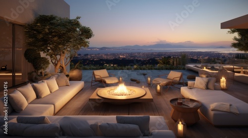 Stylish outdoor lounge area with comfortable seating  a fire pit  and a built - in bar  providing an inviting space for socializing and enjoying the Mediterranean evenings