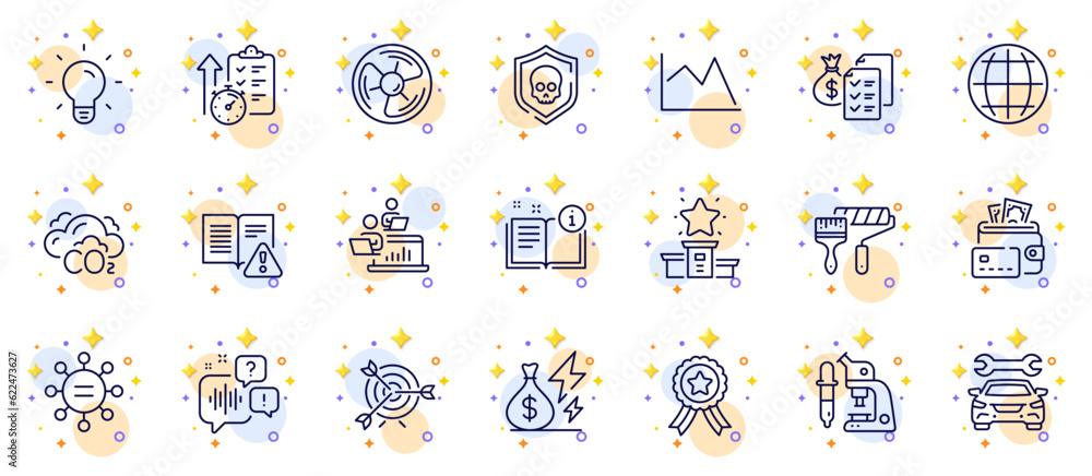 Outline set of Winner ribbon, Instruction manual and Co2 line icons for web app. Include Voicemail, Line chart, Ethics pictogram icons. Electricity price, Accounting wealth, Cyber attack signs. Vector Outline set of Winner ribbon, Instruction manual and Co2 line icons for web app. Include Voicemail, Line chart, Ethics pictogram icons. Electricity price, Accounting wealth, Cyber attack signs. Vector