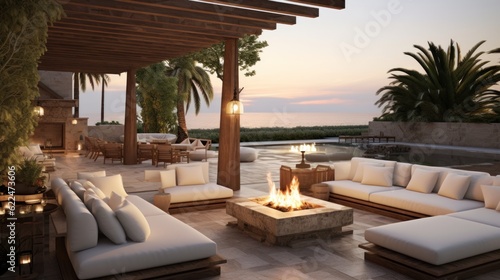 Stylish outdoor lounge area with comfortable seating, a fire pit, and a built - in bar, providing an inviting space for socializing and enjoying the Mediterranean evenings © Damian Sobczyk
