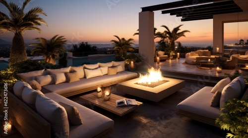 Wallpaper Mural Stylish outdoor lounge area with comfortable seating, a fire pit, and a built - in bar, providing an inviting space for socializing and enjoying the Mediterranean evenings Torontodigital.ca