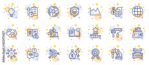 Outline set of Winner ribbon, Instruction manual and Co2 line icons for web app. Include Voicemail, Line chart, Ethics pictogram icons. Electricity price, Accounting wealth, Cyber attack signs. Vector
