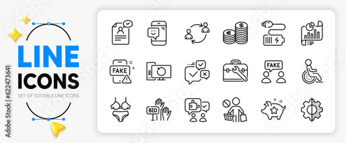 User communication, Fake news and Currency line icons set for app include Battery, Smile, Bid offer outline thin icon. Lingerie, Stop shopping, Report document pictogram icon. Transform. Vector