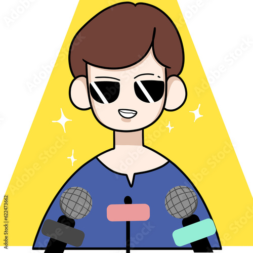 Interviewers with microphones asking movie star, female singer, famous person cartoon characters