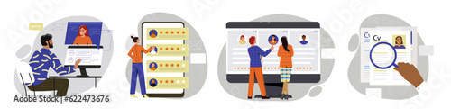 Job search set. People looking for new employees to hire, they choose candidates for vacancies. Headhunter, worker cadres and human resources. Cartoon flat vector isolated on white background
