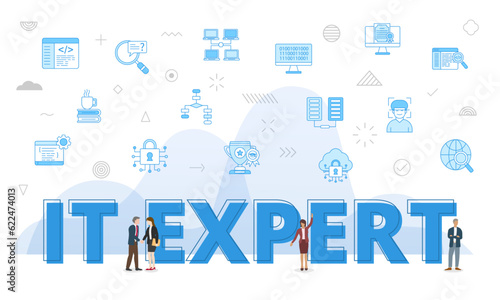 it expert concept with big words and people surrounded by related icon with blue color style