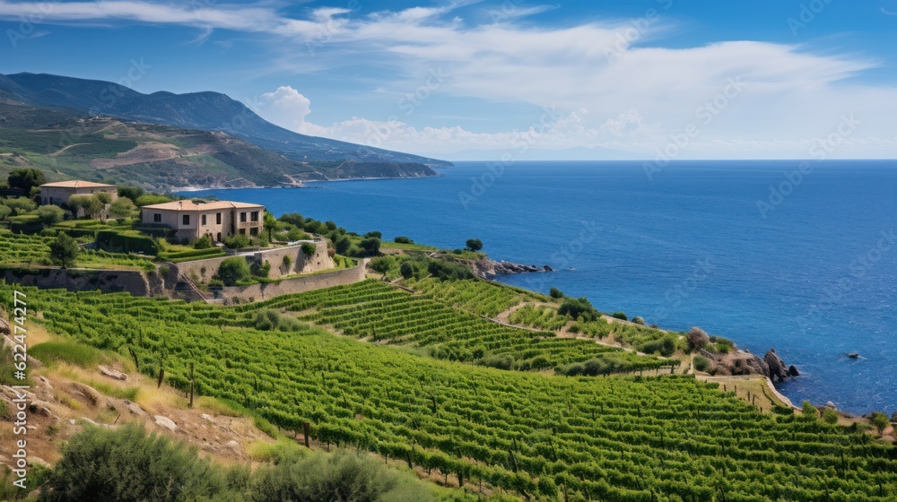 Location for the villa, such as a cliffside overlooking the Mediterranean Sea, a vineyard in Tuscany, or a secluded island off the coast of Sicily - obrazy, fototapety, plakaty 
