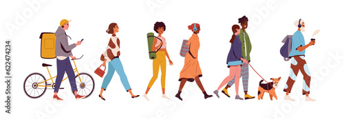 People walk set. Passers walk down street and go to work or yoga, courier delivers food, couple with dog. Adults and young characters. Catoon flat vector collection isolated on white background