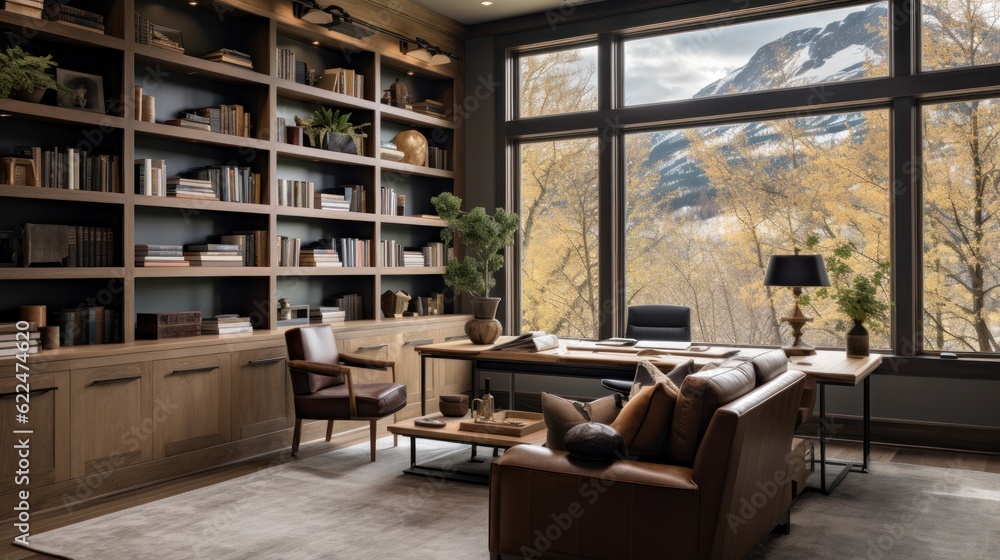 Stylish home office or library with custom built in bookshelves, comfortable seating, and inspiring views for a tranquil workspace Stylish home office or library with custom built in bookshelves, comfortable seating, and inspiring views for a tranquil workspace