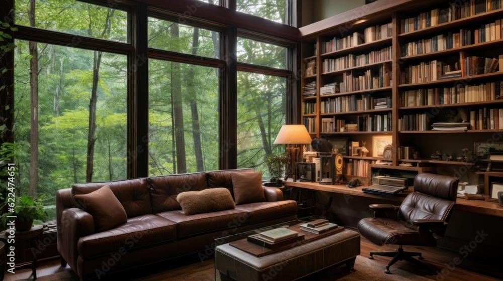 Stylish home office or library with custom built in bookshelves, comfortable seating, and inspiring views for a tranquil workspace Stylish home office or library with custom built in bookshelves, comfortable seating, and inspiring views for a tranquil workspace
