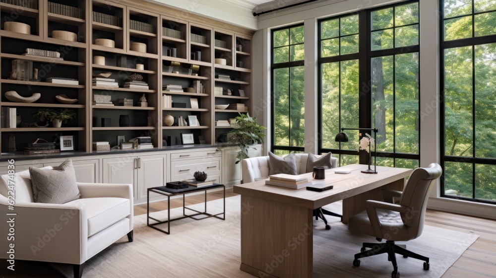 Photo & Art Print Stylish home office or library with custom built 