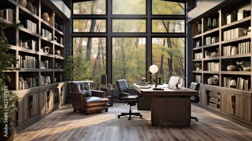Stylish home office or library with custom built in bookshelves, comfortable seating, and inspiring views for a tranquil workspace © Damian Sobczyk