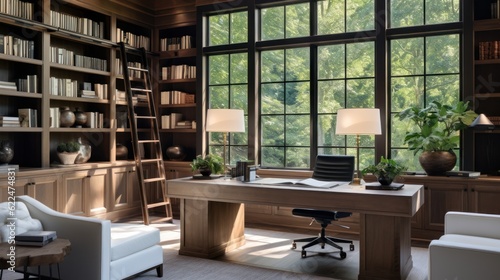 Stylish home office or library with custom built in bookshelves, comfortable seating, and inspiring views for a tranquil workspace © Damian Sobczyk