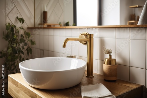 Brushed brass tap mixer on timber vanity with white basin bowl against white tiled wall in a new modern elegant bathroom lit by natural light from a nearby window modern interior house renovation new