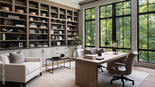 Stylish home office or library with custom built in bookshelves, comfortable seating, and inspiring views for a tranquil workspace