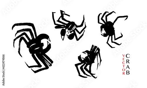 Vector set of images of crabs. Calligraphy, ink, brush, minimalism. Black on white. Oriental style, China, Japan. Fish restaurant, cafe, market.  Eps10