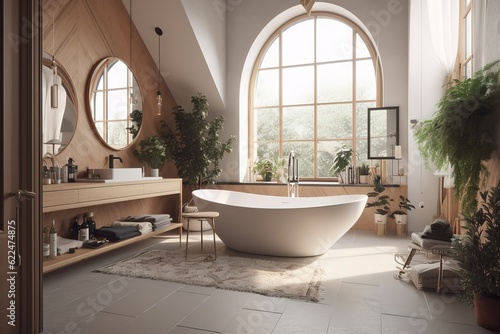 Cozy loft bathroom interior with mirror and comfortable bathtub near window